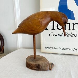 Vintage Snowy Plover Hand Carved Teak Wood Bird Sculpture - Signed